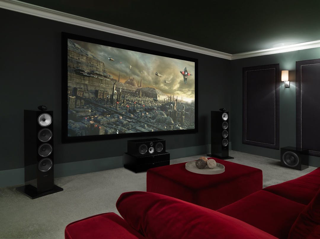 Custom Home Movie Theater with red couch