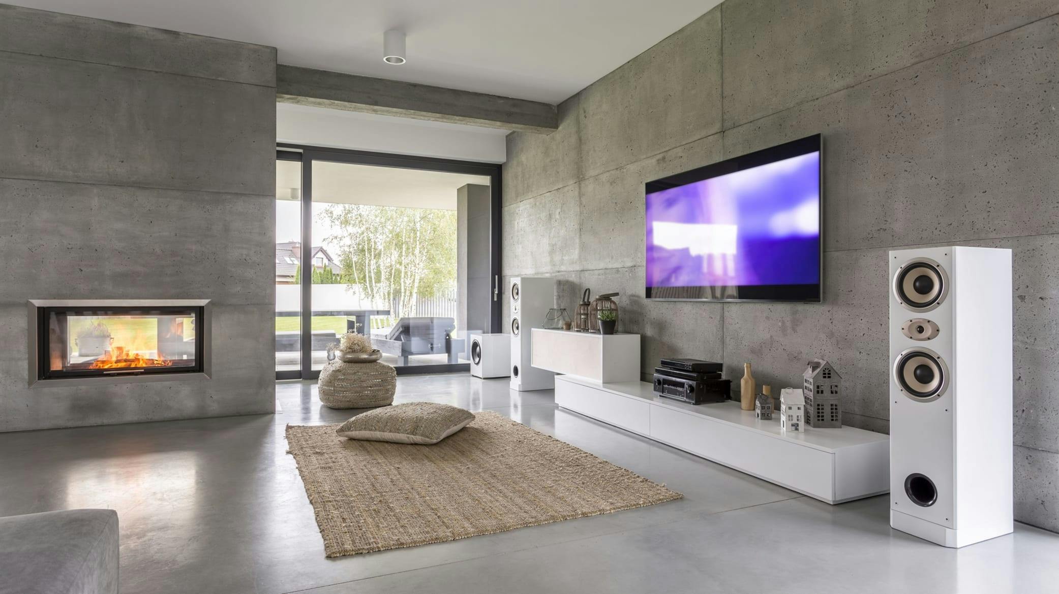 Living room with TV on the wall and fireplace